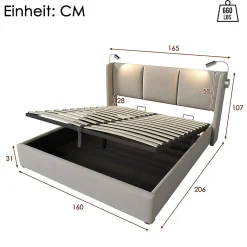 Lit rembourré 160x200cm lit de rangement lit lampe de lecture lit tête de lit avec fonction de chargement usb lit double lin beige><noscript><img width=