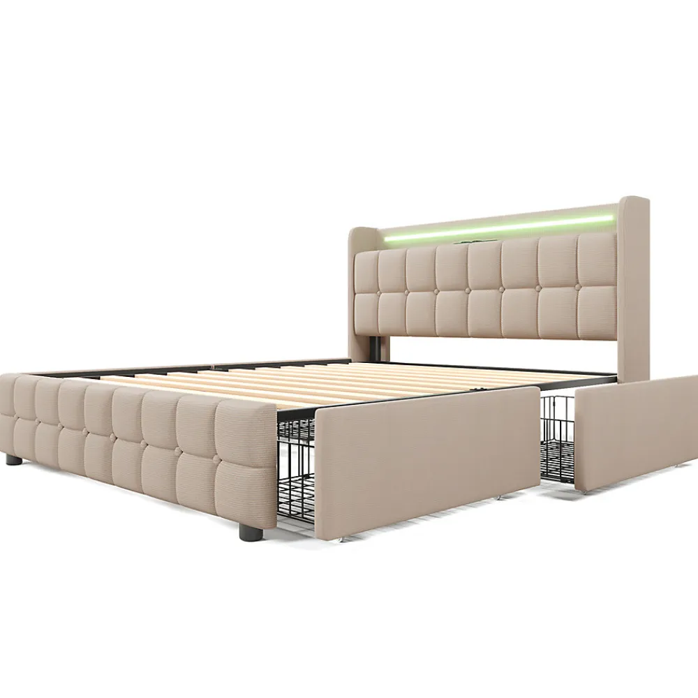 Lit rembourré 140x200cm lit de rangement lit 4 tiroirs lit éclairage led lit sommier à lattes en bois lit double lin beige>Gutent Sale