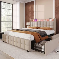 Lit rembourré 140x200cm lit de rangement lit 4 tiroirs lit éclairage led lit sommier à lattes en bois lit double lin beige><noscript><img width=