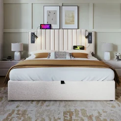 Gutent Lit rembourré 160x200cm, lit de rangement avec sommier à lattes, lumière de lecture et fonction de chargement usb, coton, beige* Lit Avec Rangement