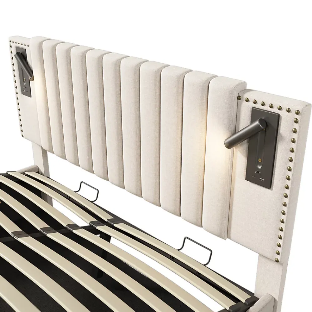 Gutent Lit rembourré 160x200cm, lit de rangement avec sommier à lattes, lumière de lecture et fonction de chargement usb, coton, beige* Lit Avec Rangement