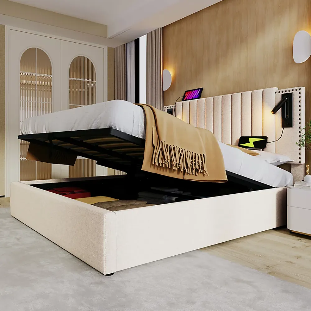 Gutent Lit rembourré 160x200cm, lit de rangement avec sommier à lattes, lumière de lecture et fonction de chargement usb, coton, beige* Lit Avec Rangement