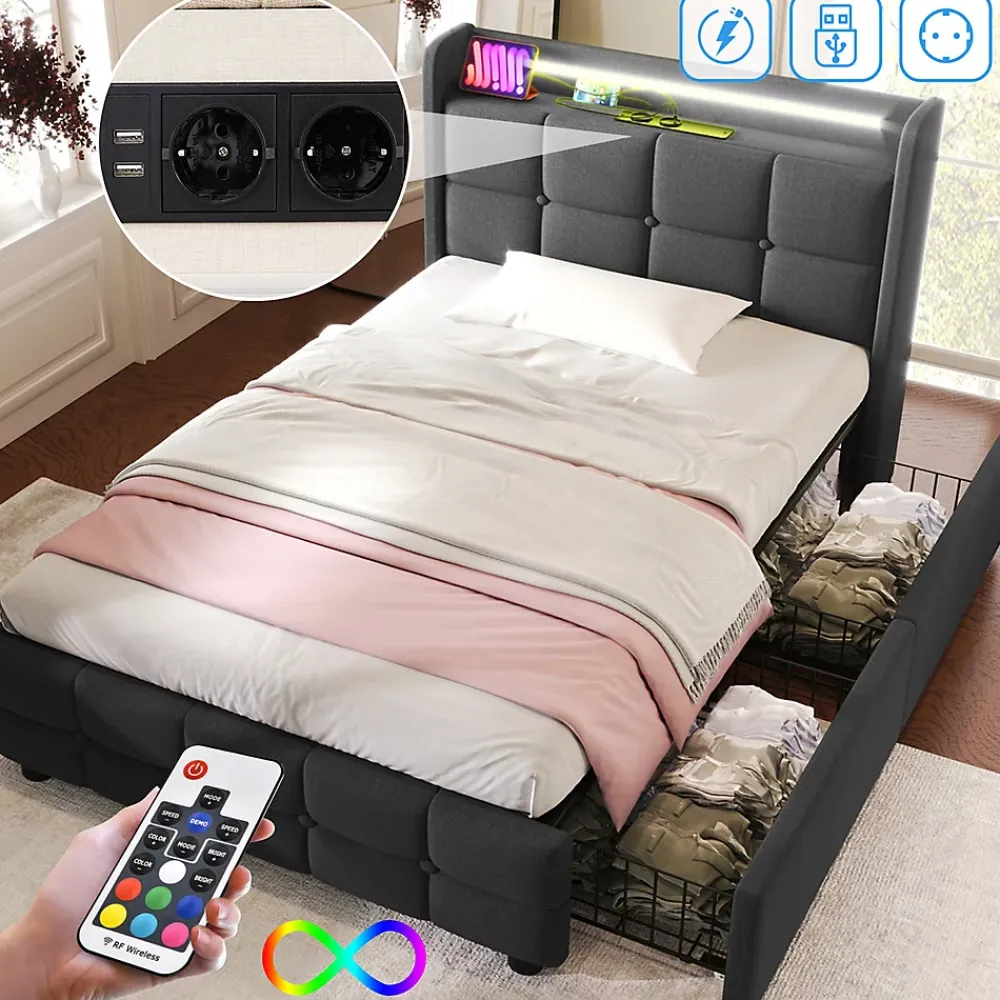 Gutent Lit rembourré 90x200cm lit de rangement lit 2 tiroirs lit éclairage led lit sommier à lattes en bois Single lin gris* Lit Avec Rangement