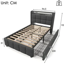 Gutent Lit rembourré 90x200cm lit de rangement lit 2 tiroirs lit éclairage led lit sommier à lattes en bois Single lin gris* Lit Avec Rangement