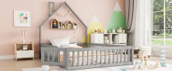 Lit Rembourré 140x200cm, Lit Maison Enfant, Bois de Pin, Blanc><noscript><img width=