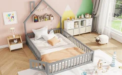 Lit Rembourré 140x200cm, Lit Maison Enfant, Bois de Pin, Blanc><noscript><img width=