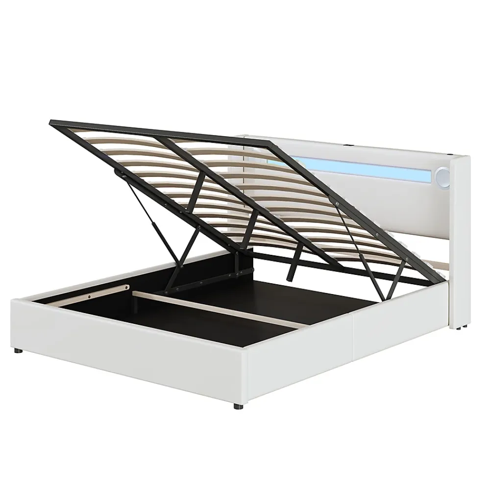Gutent Lit rembourré 160x200cm lit sommier à lattes lit barre lumineuse à led lecteur bluetooth et recharge usb lit double cuir pu blanc* Lit Avec Rangement