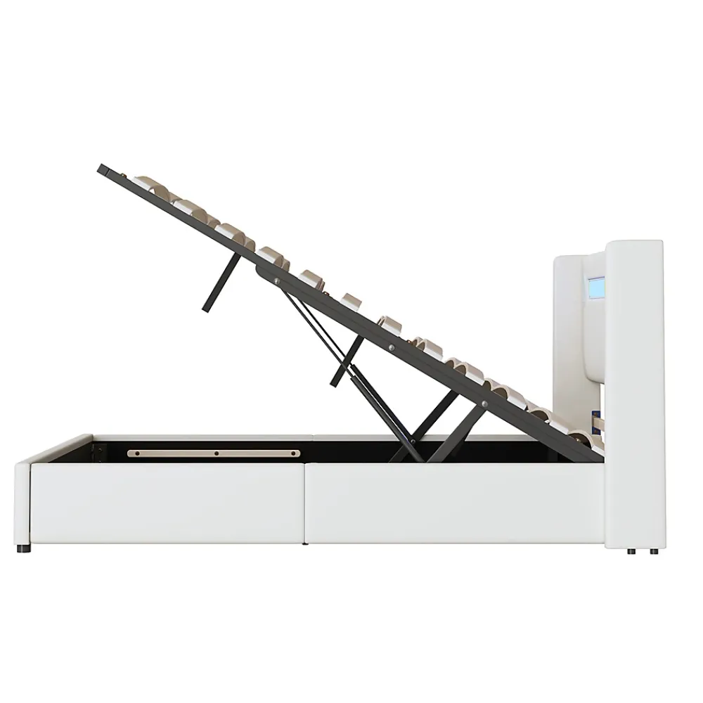 Gutent Lit rembourré 160x200cm lit sommier à lattes lit barre lumineuse à led lecteur bluetooth et recharge usb lit double cuir pu blanc* Lit Avec Rangement