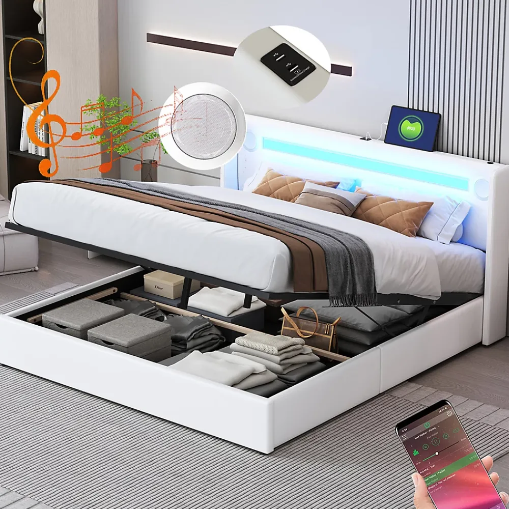 Gutent Lit rembourré 160x200cm lit sommier à lattes lit barre lumineuse à led lecteur bluetooth et recharge usb lit double cuir pu blanc* Lit Avec Rangement
