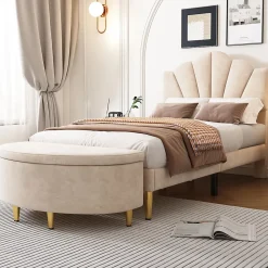 Gutent Lit rembourré 90x200cm lit sommier à lattes en bois lit des pieds de fer dorés lit de rangement banc Single velours beige* Lit Avec Rangement