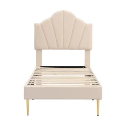 Gutent Lit rembourré 90x200cm lit sommier à lattes en bois lit des pieds de fer dorés lit de rangement banc Single velours beige* Lit Avec Rangement