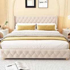 Blackcolors Lit Rembourré 180X200Cm Velours Bois Beige* Lit Avec Rangement