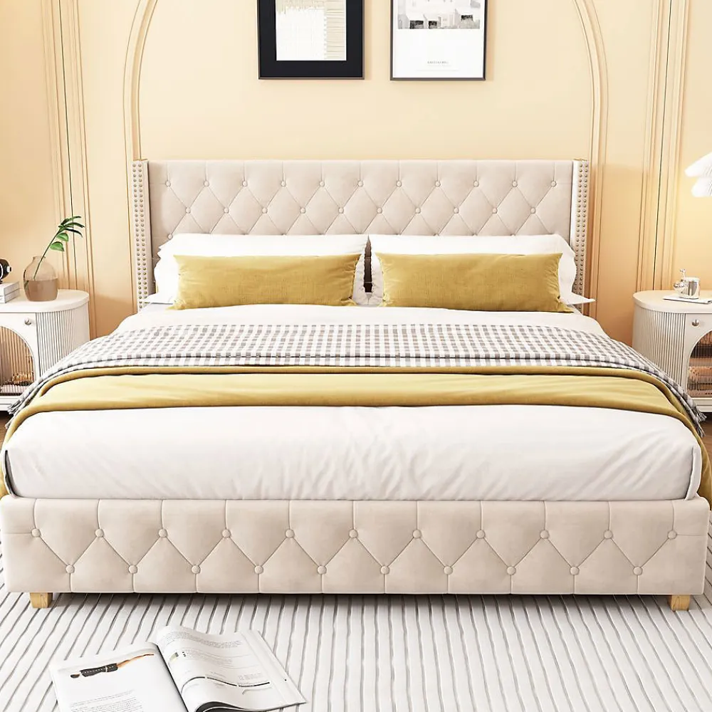 Blackcolors Lit Rembourré 180X200Cm Velours Bois Beige* Lit Avec Rangement