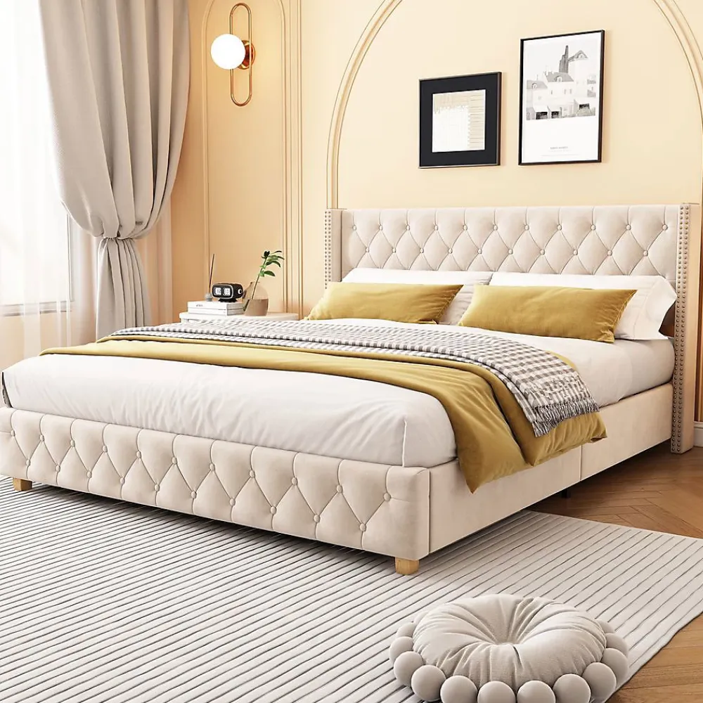 Blackcolors Lit Rembourré 180X200Cm Velours Bois Beige* Lit Avec Rangement