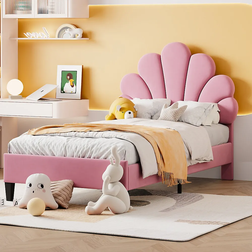 Lit rembourre 90 sur 200 cm avec tete de lit fleurie en velours doux cadre avec sommier lit dappoint rose>Redom Discount
