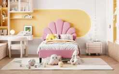 Lit rembourre 90 sur 200 cm avec tete de lit fleurie en velours doux cadre avec sommier lit dappoint rose><noscript><img width=