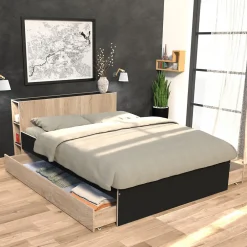 Lit RIGA 140x190cm + tête de lit + 2 tiroirs / Décor Noir et Chêne blanchi>Weber Industries Sale
