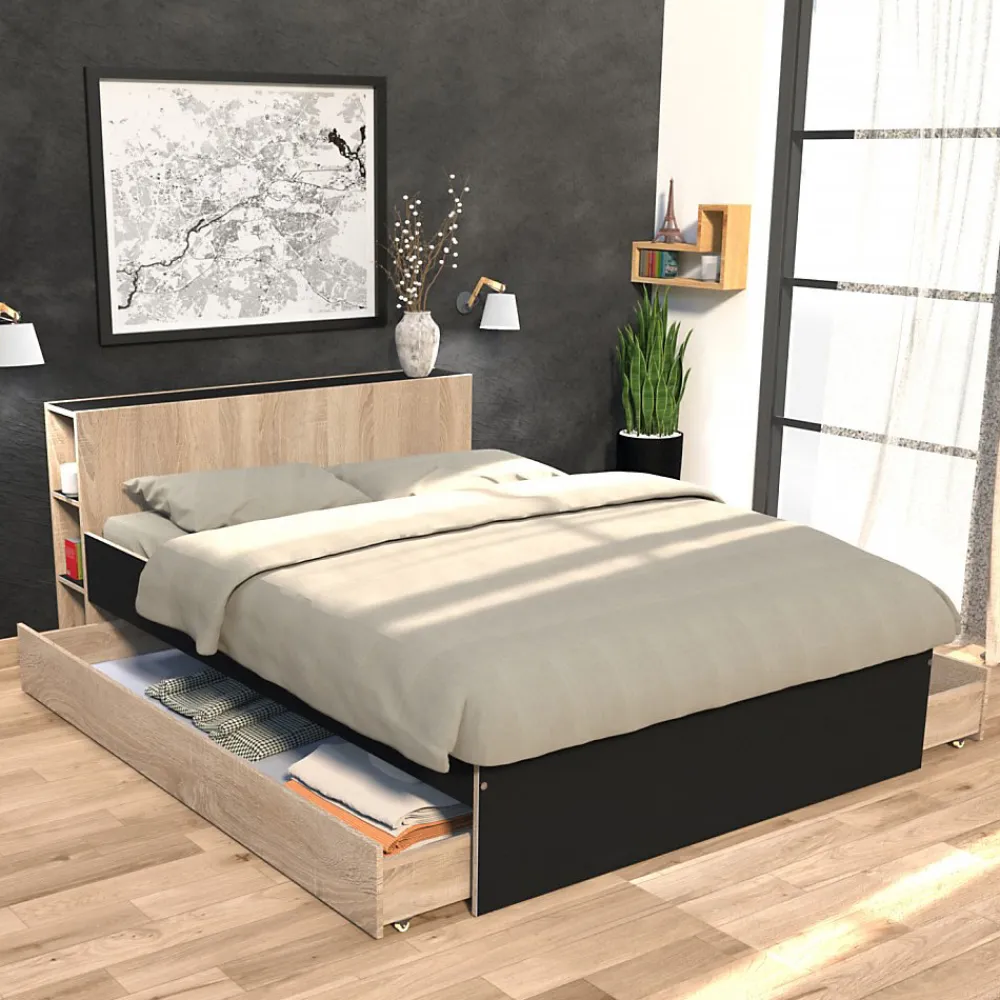 Lit RIGA 140x190cm + tête de lit + 2 tiroirs / Décor Noir et Chêne blanchi>Weber Industries Sale