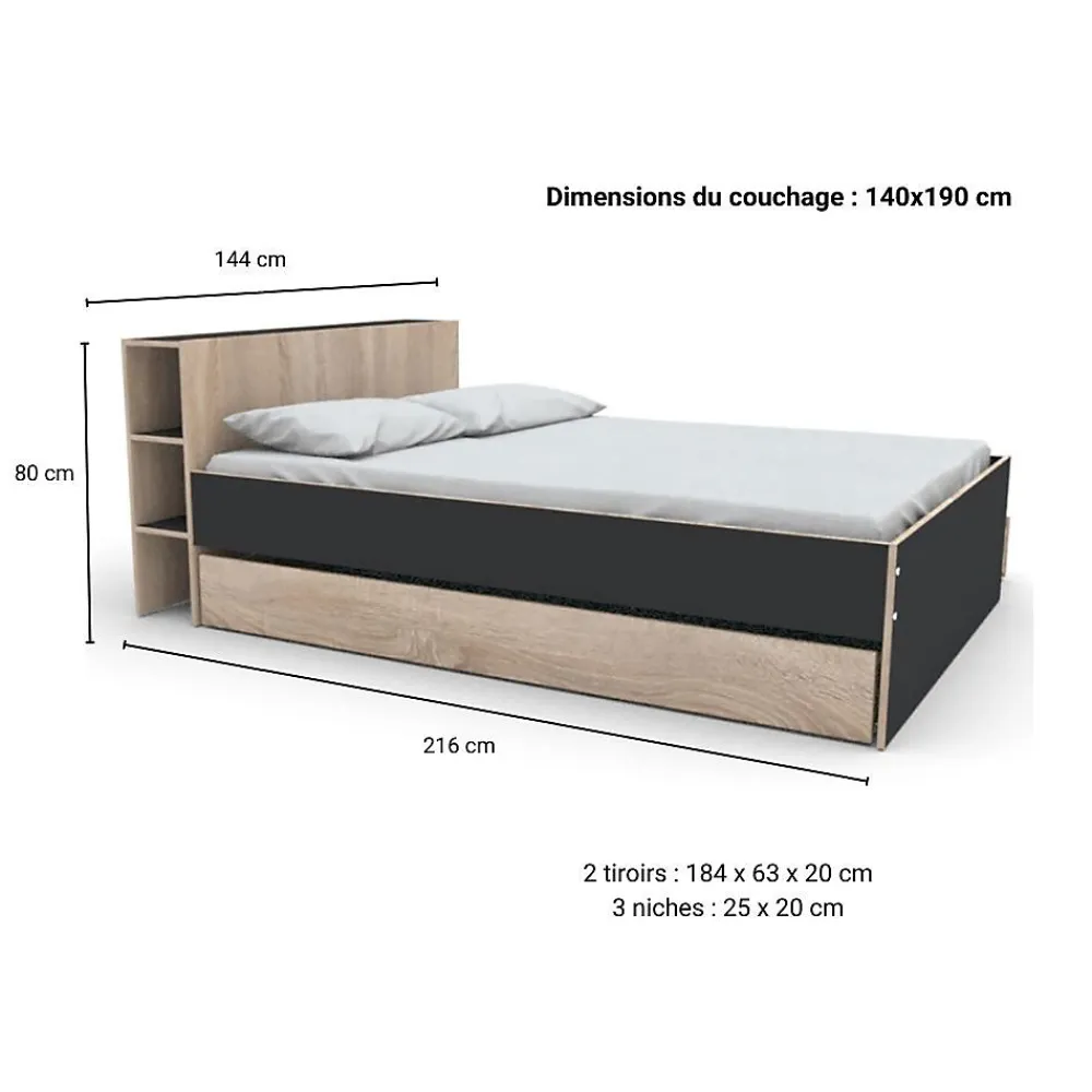 Lit RIGA 140x190cm + tête de lit + 2 tiroirs / Décor Noir et Chêne blanchi>Weber Industries Sale