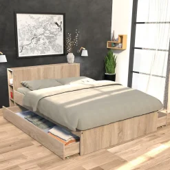Weber Industries Lit RIGA 140x190cm + tête de lit + 2 tiroirs / Décor Chêne Blanchi* Lit Avec Rangement