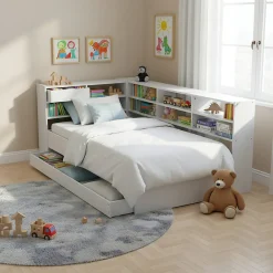 Lit ROLLER 90x190 + 1 sommier + 1 tiroir + étagères / Blanc>Weber Industries Outlet