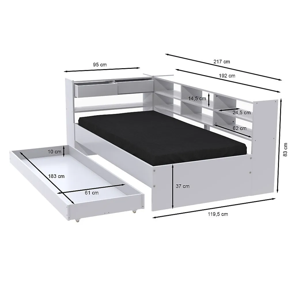 Lit ROLLER 90x190 + 1 sommier + 1 tiroir + étagères / Blanc>Weber Industries Outlet