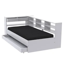 Lit ROLLER 90x190 + 1 sommier + 1 tiroir + étagères / Blanc><noscript><img width=