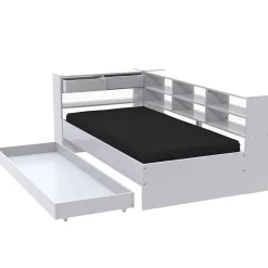 Lit ROLLER 90x190 + 1 sommier + 1 tiroir + étagères / Blanc><noscript><img width=