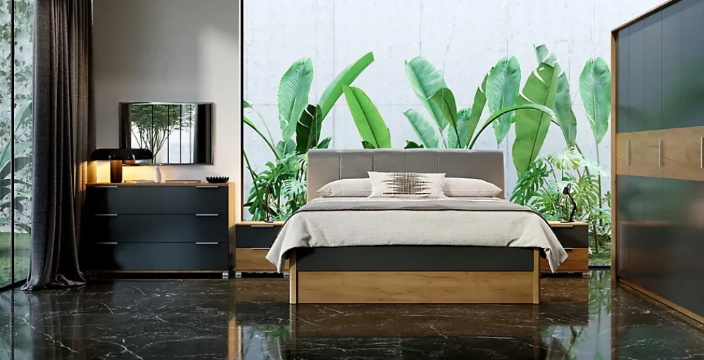 Azura Home Design Lit Romana avec coffre de rangement , lave mat et chêne clair 160x200 cm* Lit Avec Rangement