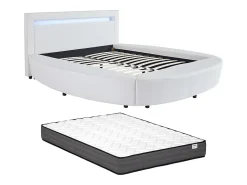 Vente-unique Lit rond 160 x 200 cm - Avec LEDs - Simili - Blanc + Matelas - ABULIS III* Lit Double