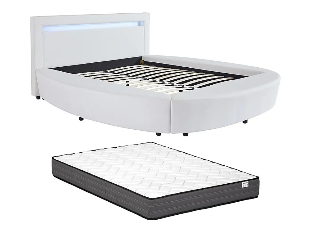 Vente-unique Lit rond 160 x 200 cm - Avec LEDs - Simili - Blanc + Matelas - ABULIS III* Lit Double