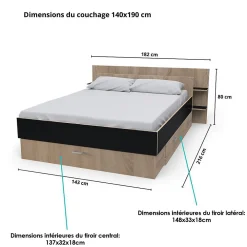 Weber Industries Lit SAMBA 140x190cm + tête de lit + 2 tiroirs / Décor Noir & chêne blanchi* Lit Avec Rangement