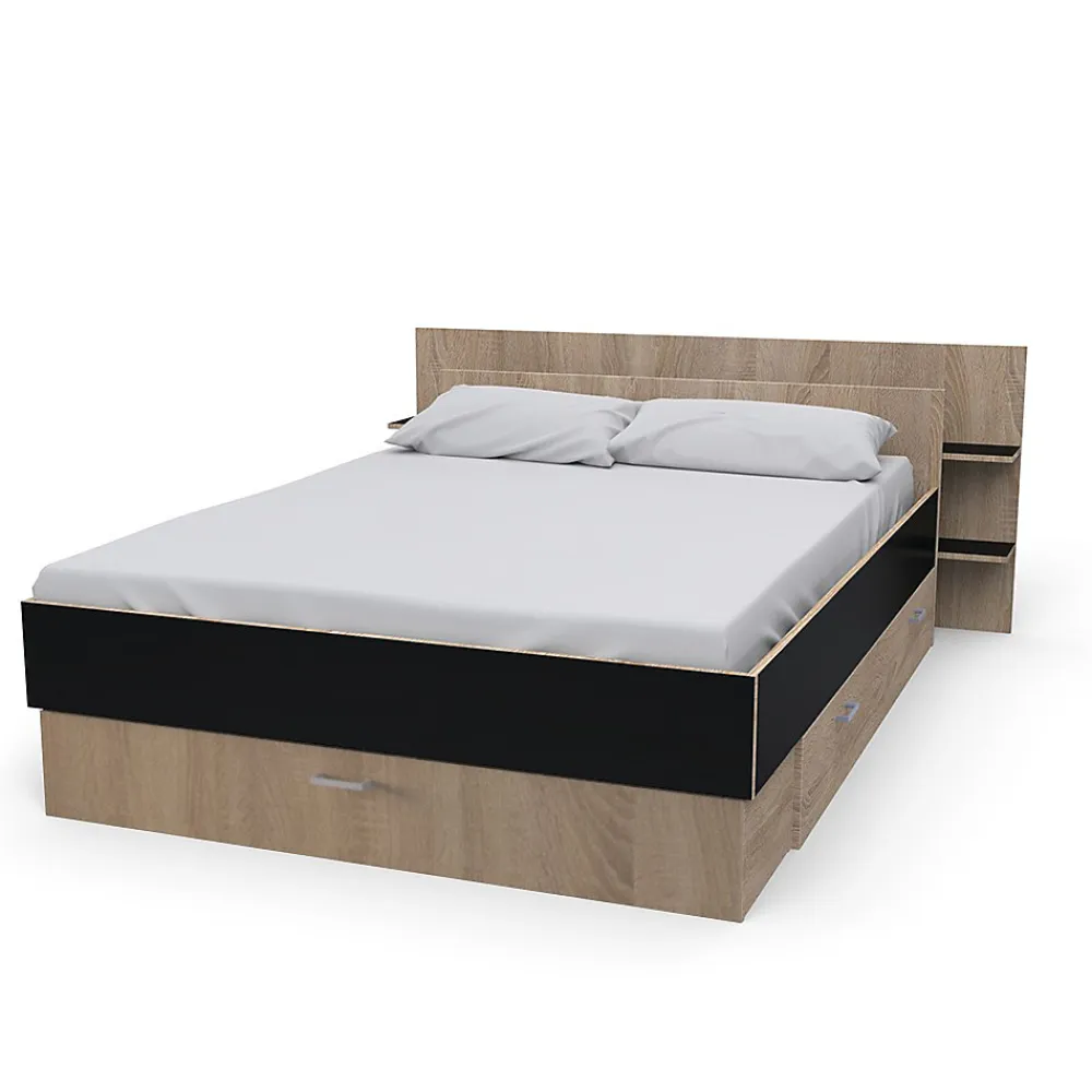 Weber Industries Lit SAMBA 140x190cm + tête de lit + 2 tiroirs / Décor Noir & chêne blanchi* Lit Avec Rangement
