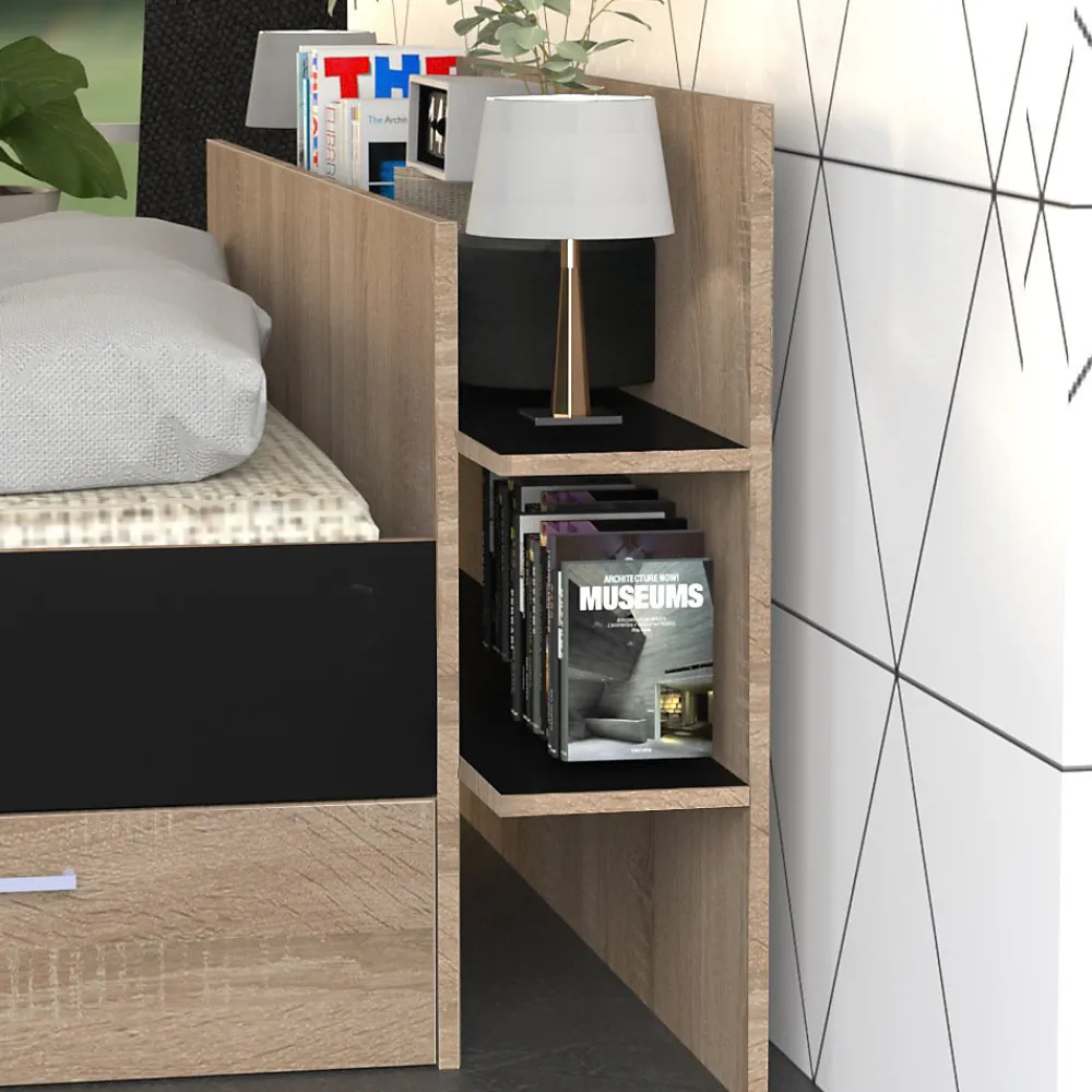 Weber Industries Lit SAMBA 140x190cm + tête de lit + 2 tiroirs / Décor Noir & chêne blanchi* Lit Avec Rangement