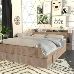 Lit SAMBA 140x190cm + tête de lit + 2 tiroirs / Décor Chêne blanchi><noscript><img width=