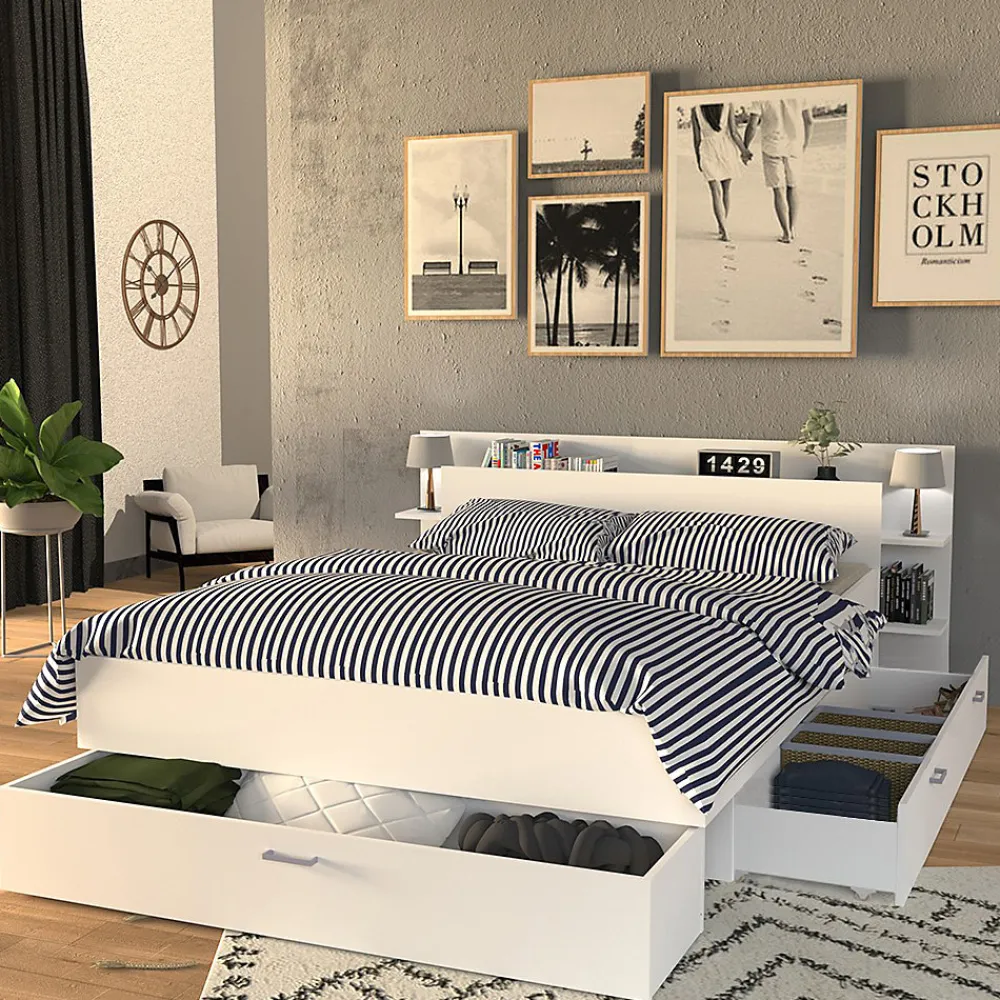 Lit SAMBA 140x190cm + tête de lit + 2 tiroirs / Blanc>Weber Industries Clearance