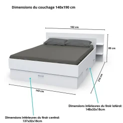Lit SAMBA 140x190cm + tête de lit + 2 tiroirs / Blanc><noscript><img width=