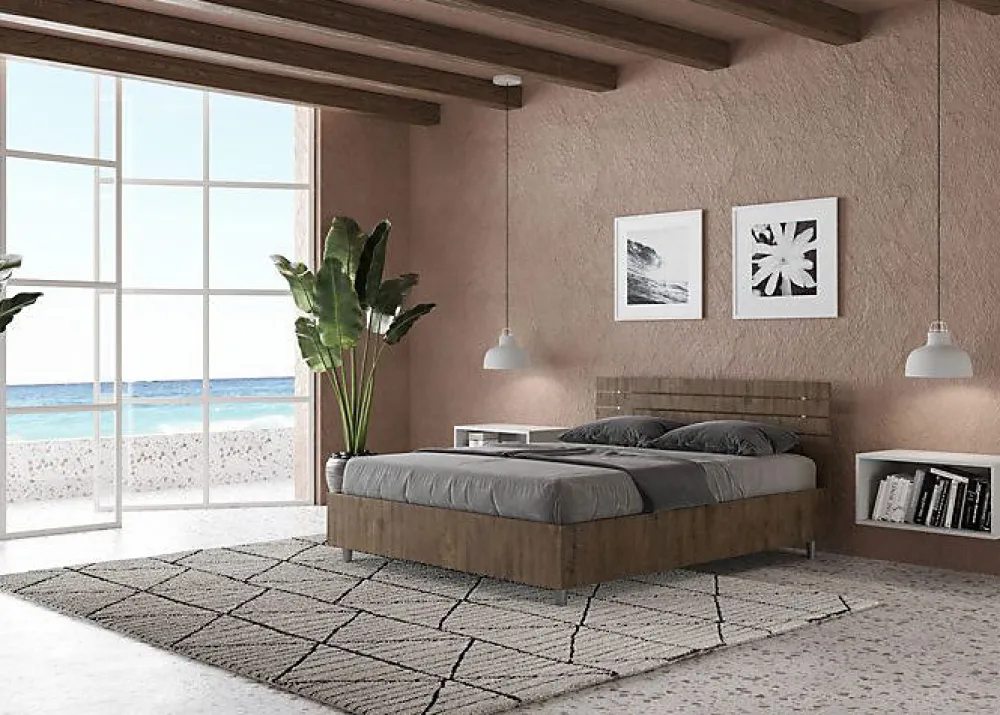 Lit sans sommier tête de lit droite 140x200 à lattes en noyer Ankel>Ityhome Online