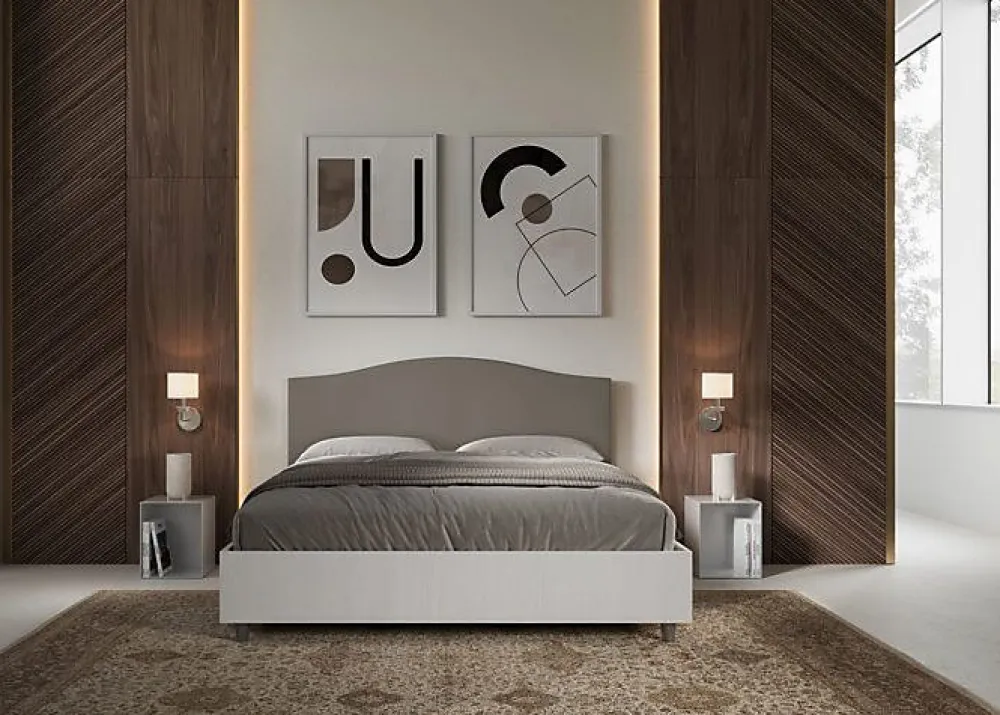 Ityhome Lit sans sommier 160x200 structure frêne blanc avec tête de lit mélamine/simili cuir cappuccino Grace* Lit Coffre