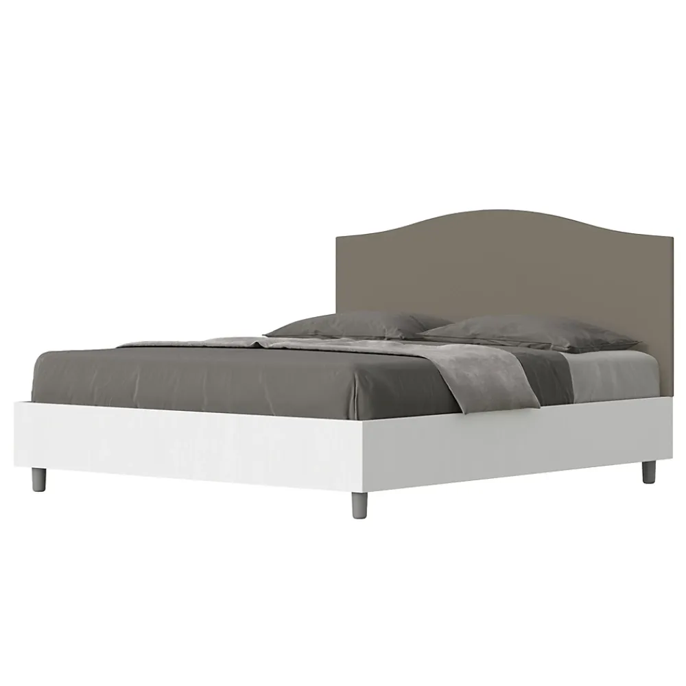 Ityhome Lit sans sommier 160x200 structure frêne blanc avec tête de lit mélamine/simili cuir cappuccino Grace* Lit Coffre