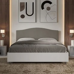 Ityhome Lit sans sommier 160x200 structure frêne blanc avec tête de lit mélamine/simili cuir cappuccino Grace* Lit Coffre