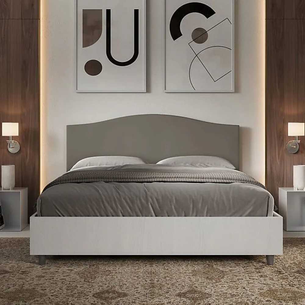 Ityhome Lit sans sommier 160x200 structure frêne blanc avec tête de lit mélamine/simili cuir cappuccino Grace* Lit Coffre