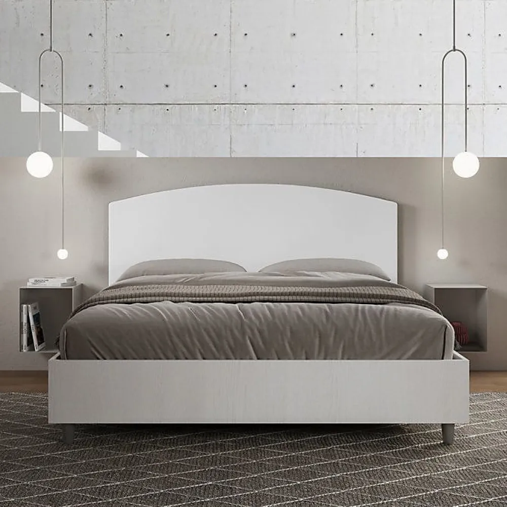 Ityhome Lit sans sommier 160x190 tête de lit structure frêne blanc Antilia mélamine blanc/simili cuir* Lit Coffre