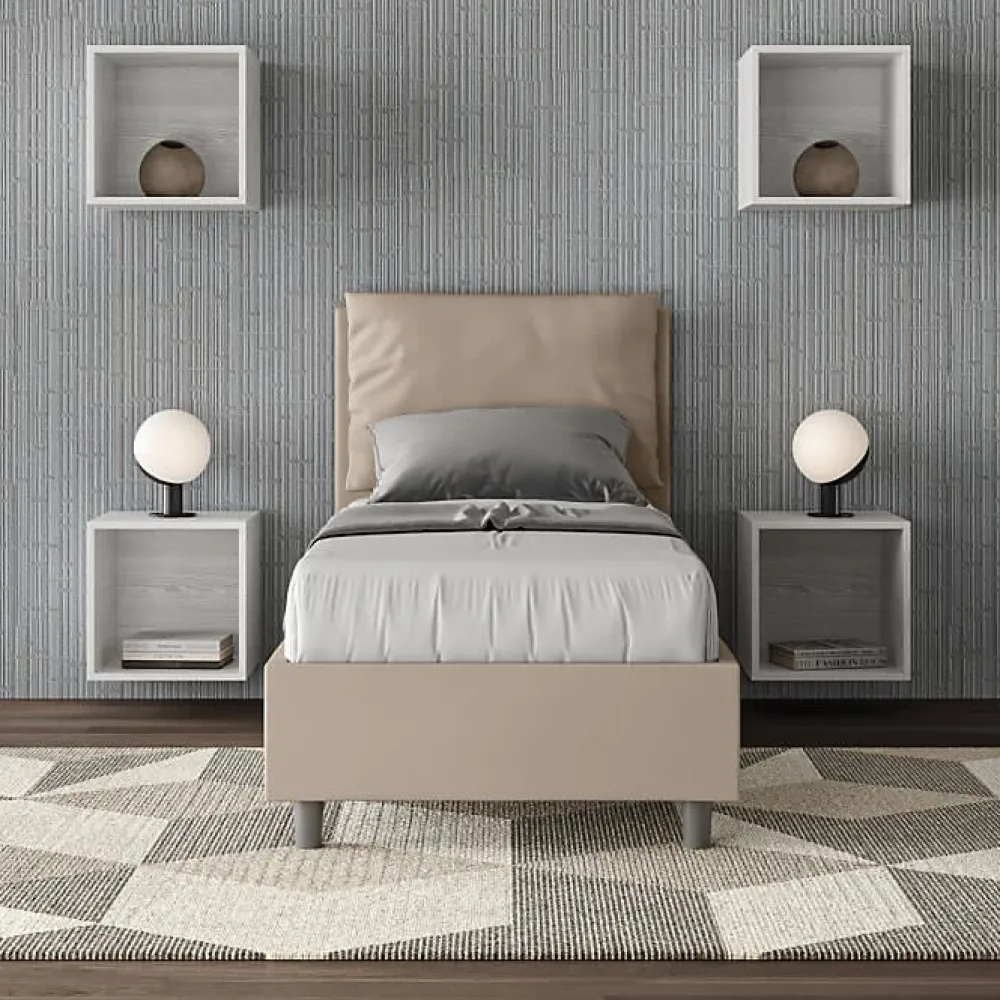 Ityhome Lit simili cuir gris tourterelle Antea avec sommier rembourré 80x190* Lit Coffre