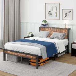 Okwish Lit Simple - Lit Métal 120x200 cm avec Tête de Lit et Rangement pour Ado - MDF et Métal - Marron - sans Matelas* Lit Simple