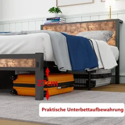 Okwish Lit Simple - Lit Métal 120x200 cm avec Tête de Lit et Rangement pour Ado - MDF et Métal - Marron - sans Matelas* Lit Simple