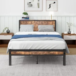 Okwish Lit Simple - Lit Métal 120x200 cm avec Tête de Lit et Rangement pour Ado - MDF et Métal - Marron - sans Matelas* Lit Simple