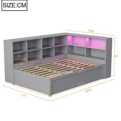 Lit simple 90 par 200 cm en bois massif avec prises multiples rangements et barre lumineuse systeme hydraulique gris><noscript><img width=