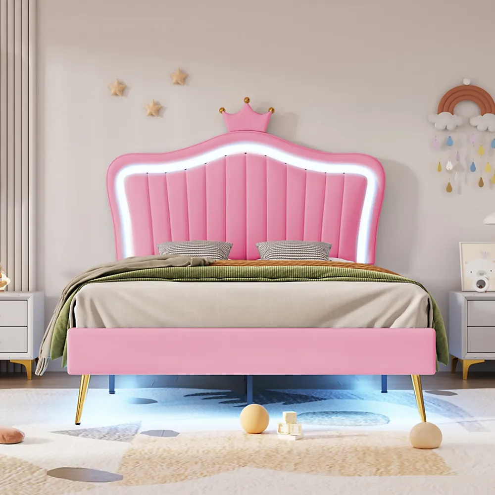 Lit simple 90 sur 200 cm cadre en PU cuir rose style couronne avec LED sommier et tête de lit matelas non inclus>Redom New