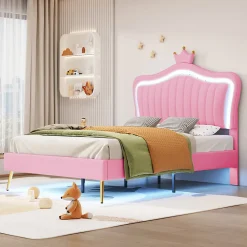 Lit simple 90 sur 200 cm cadre en PU cuir rose style couronne avec LED sommier et tête de lit matelas non inclus><noscript><img width=